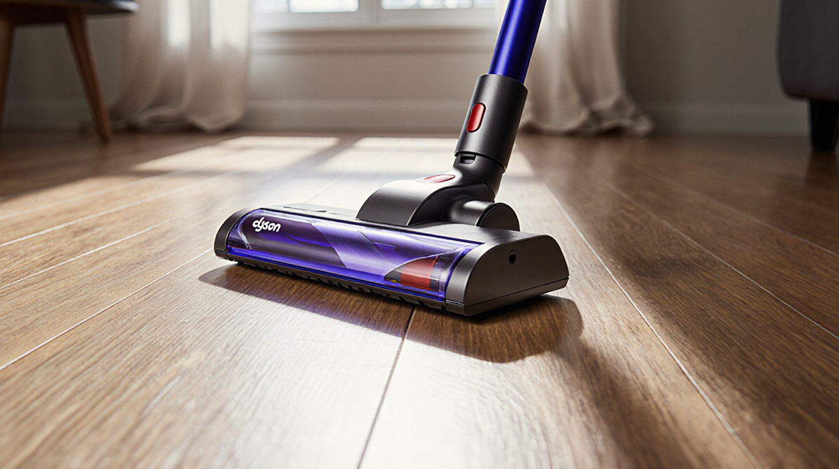 Dyson V15 vacuum cleaner resting on hardwood floor with blue accents and warm natural light highlighting its sleek design