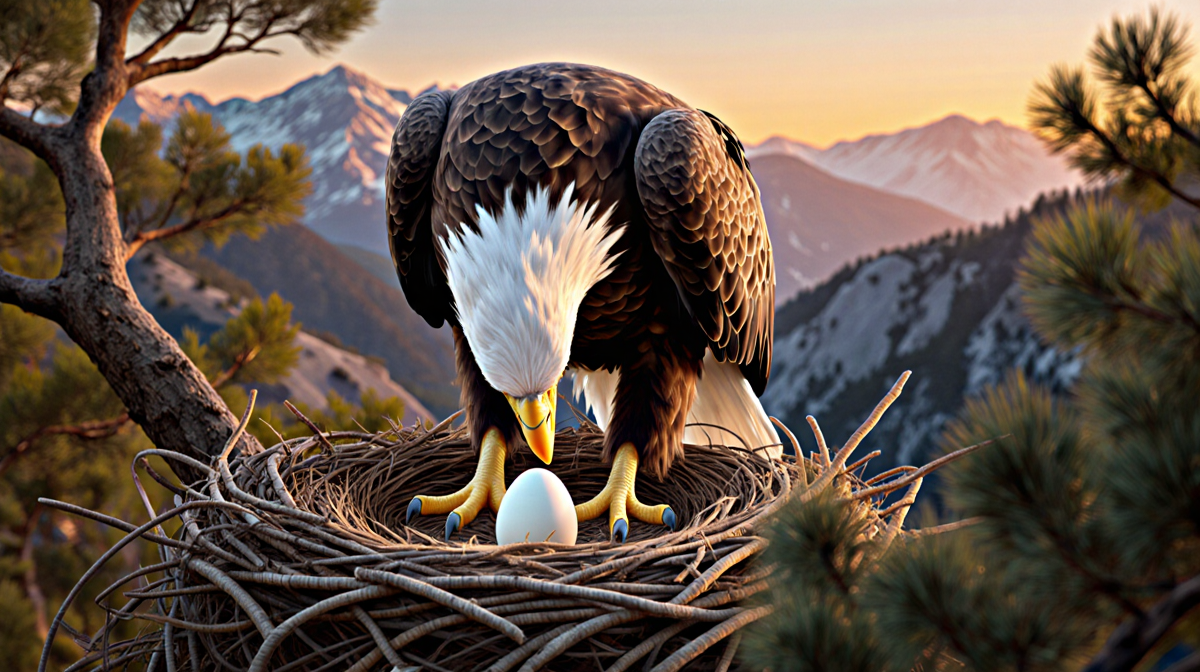 Eagle laying egg on branch with woven nest and sunset backdrop of Big Bear Valley.
