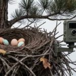 Wildlife camera monitors eagle nest showing broken eggs with twigs scattered below
