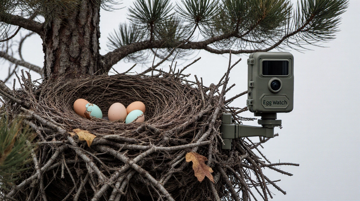 Wildlife camera monitors eagle nest showing broken eggs with twigs scattered below