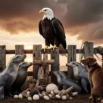 Eagle perching on fence with sunset sky and sea lions nearby.