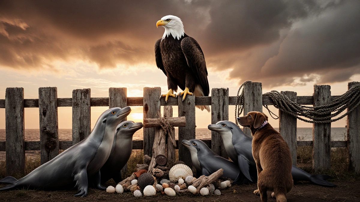 Eagle perching on fence with sunset sky and sea lions nearby.