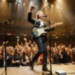 Don Henley singing live at concert with microphone and an empty guitar stand and golden lights bathing an enthusiastic crowd