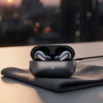 Earbuds resting on sleek charging station with warm glow over blurred cityscape at dusk