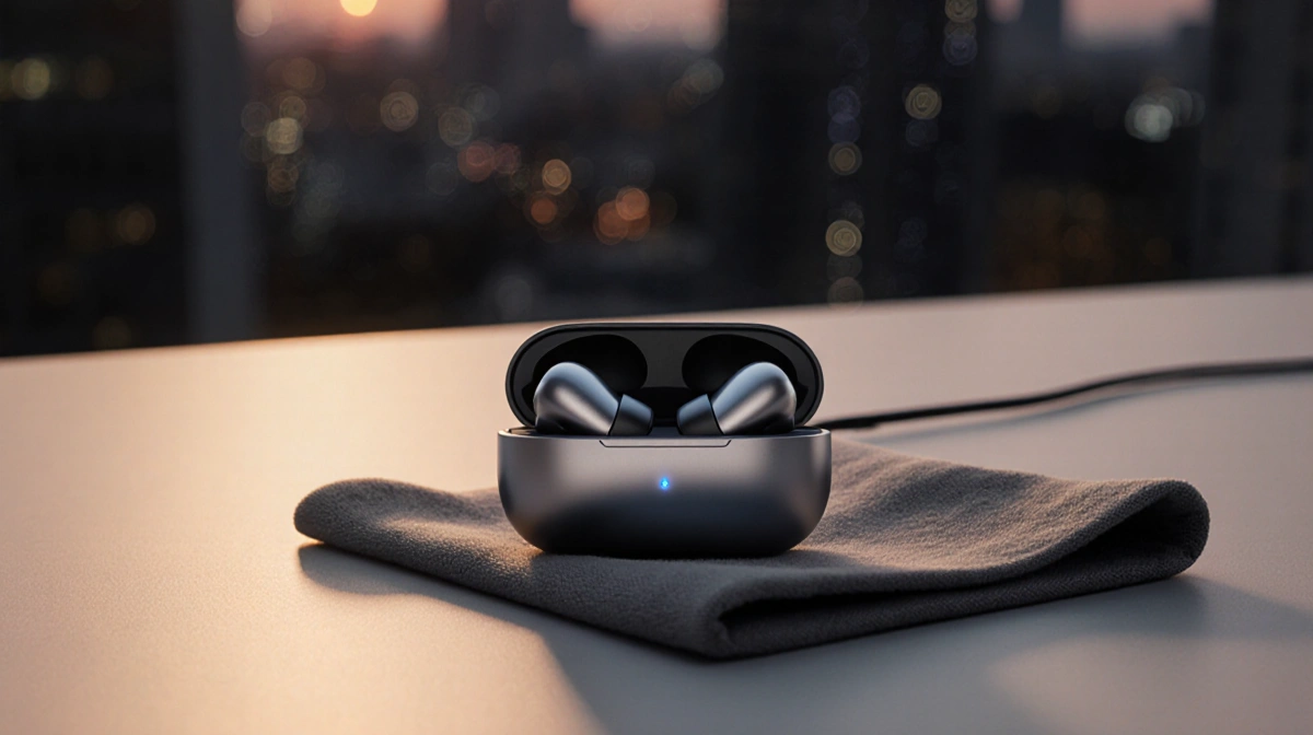 Earbuds resting on sleek charging station with warm glow over blurred cityscape at dusk