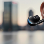 Earbuds poised at an angle with blurred cityscape reflection and warm lighting highlighting futuristic design