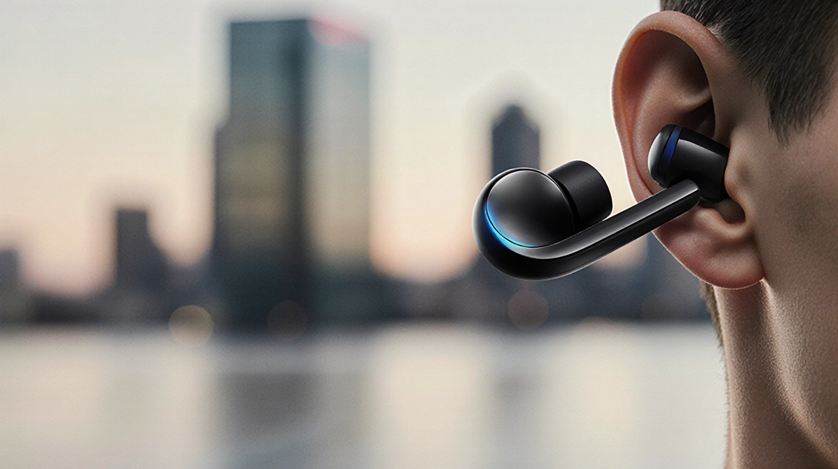 Earbuds poised at an angle with blurred cityscape reflection and warm lighting highlighting futuristic design