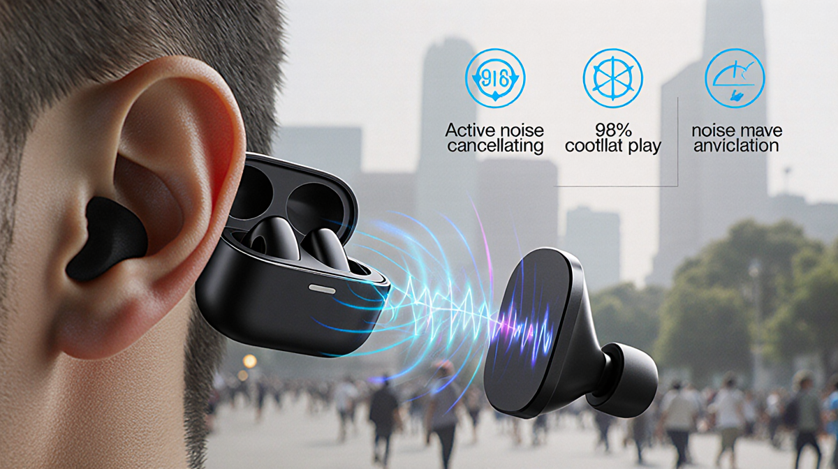Earbuds canceling sound waves with a shield and a blurred noisy background to show 98% noise reduction