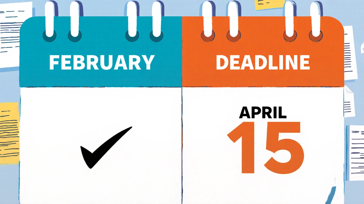 Calendar showing February with checkmark and April 15 2026 with tax documents in background