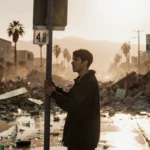 Person clings to street sign for balance with earthquake damage and broken glass scattered on wet pavement