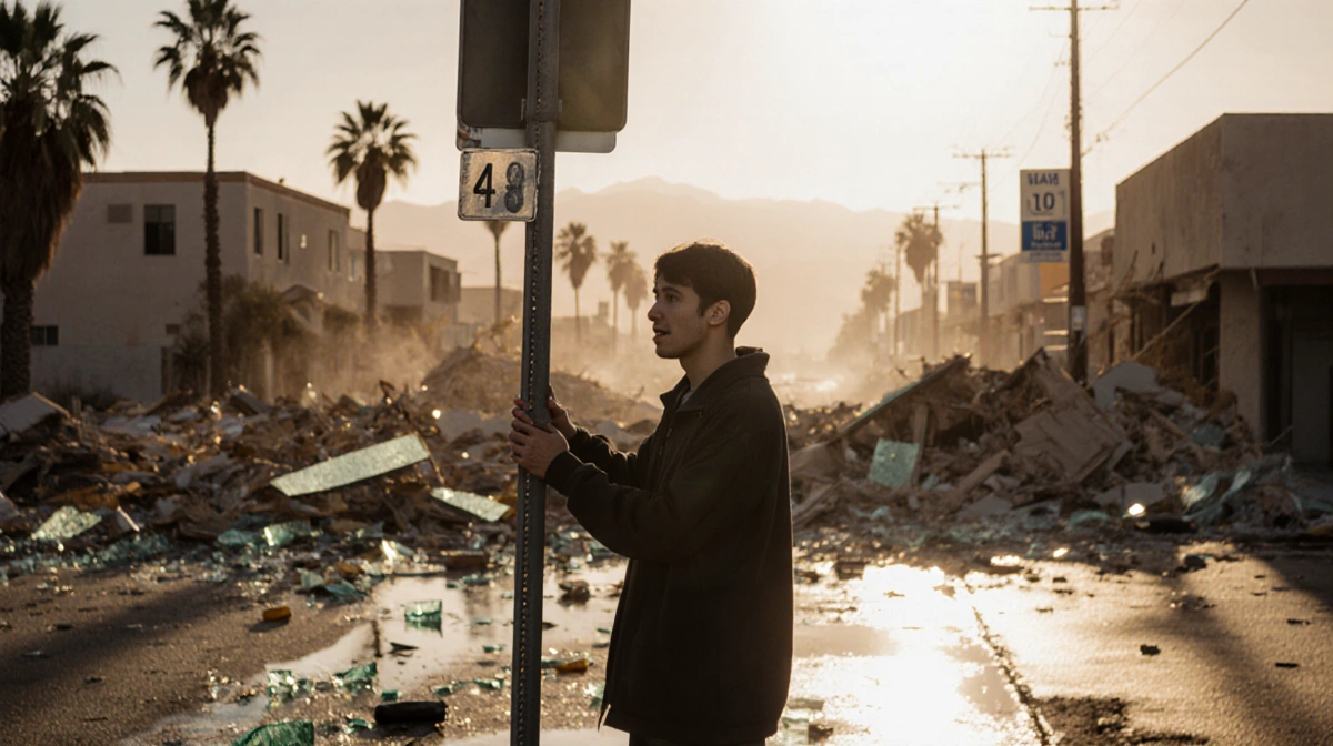 Person clings to street sign for balance with earthquake damage and broken glass scattered on wet pavement