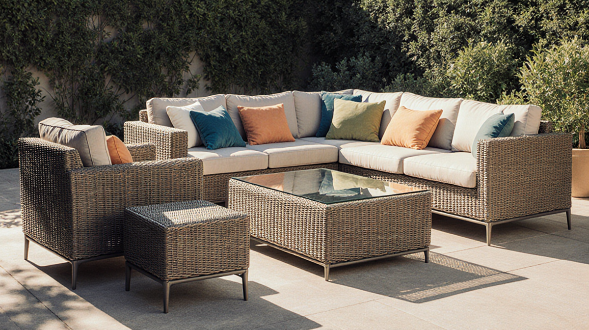 Patio set sits around a glass table with green throw pillows.