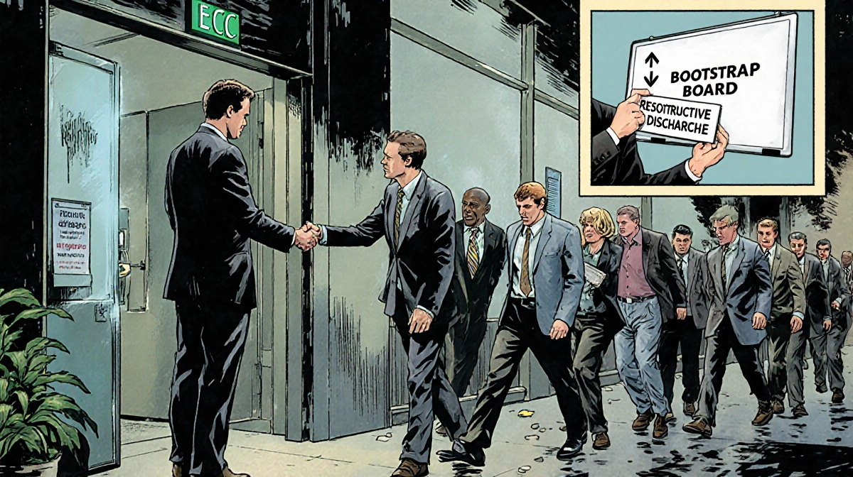 CEO Josh Swihart shaking hands with departing employee with staff walking out and Bootstrap board visible