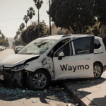 Waymo van lies crashed on Echo Park street with shattered glass and twisted metal and pedestrians nearby