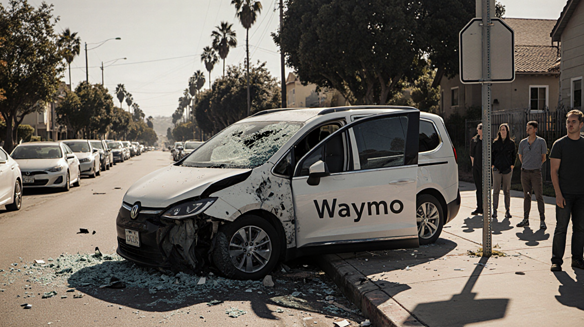 Waymo van lies crashed on Echo Park street with shattered glass and twisted metal and pedestrians nearby