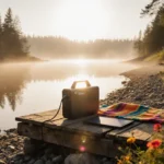 EcoFlow Delta 3 Classic solar generator charging on wooden dock with solar panel and lake reflecting golden sunset