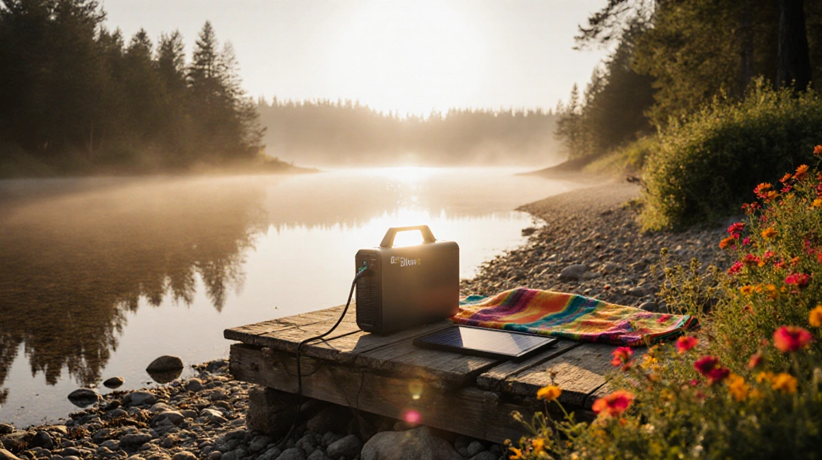 EcoFlow Delta 3 Classic solar generator charging on wooden dock with solar panel and lake reflecting golden sunset