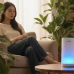 Person relaxes on couch with Ecoself Purifier glowing blue nearby and plants creating peaceful indoor atmosphere