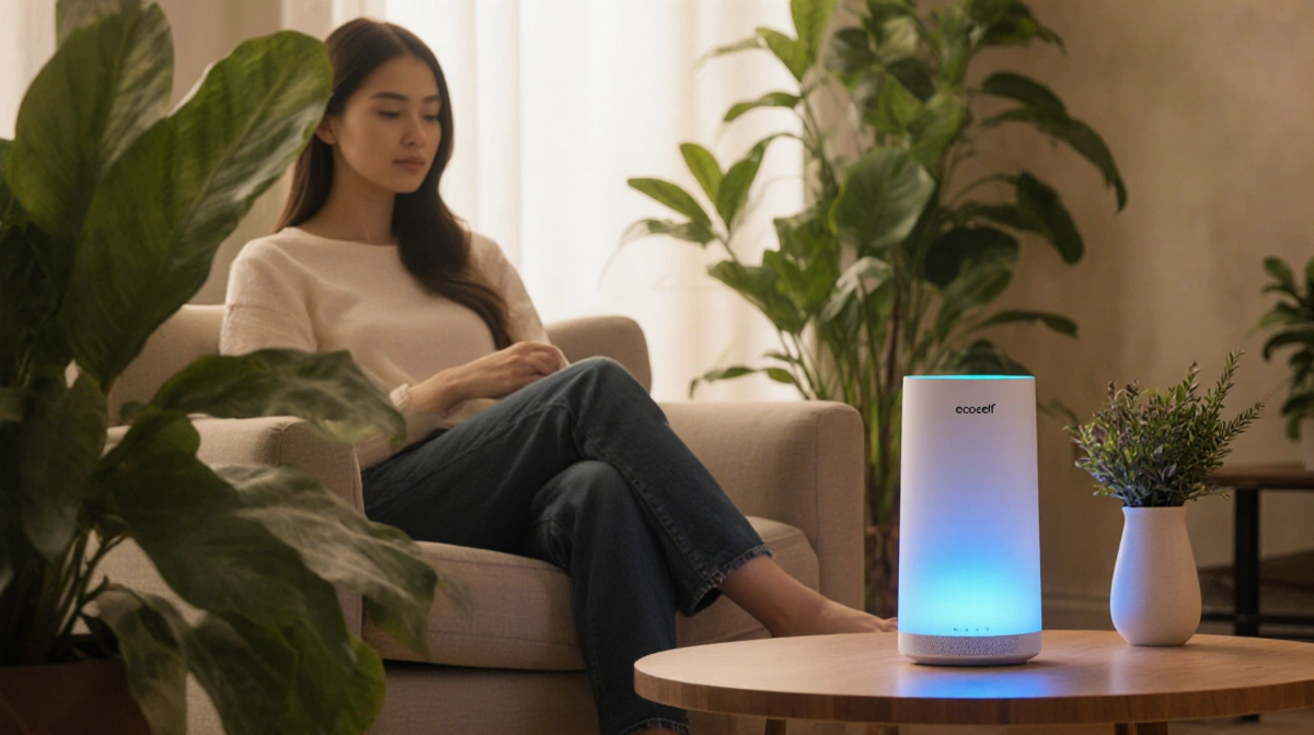 Person relaxes on couch with Ecoself Purifier glowing blue nearby and plants creating peaceful indoor atmosphere