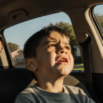 Young Ecuadorian boy looking up at his father with guilt in the driver