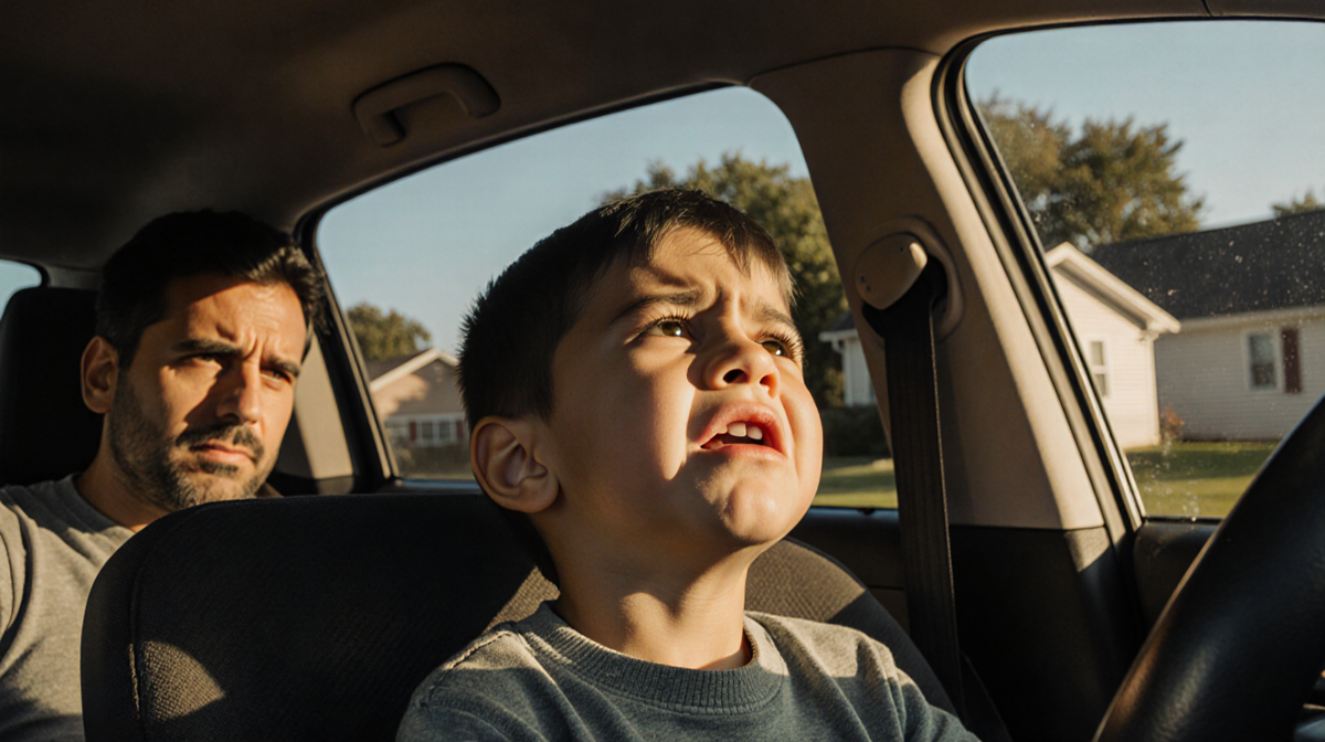 Young Ecuadorian boy looking up at his father with guilt in the driver