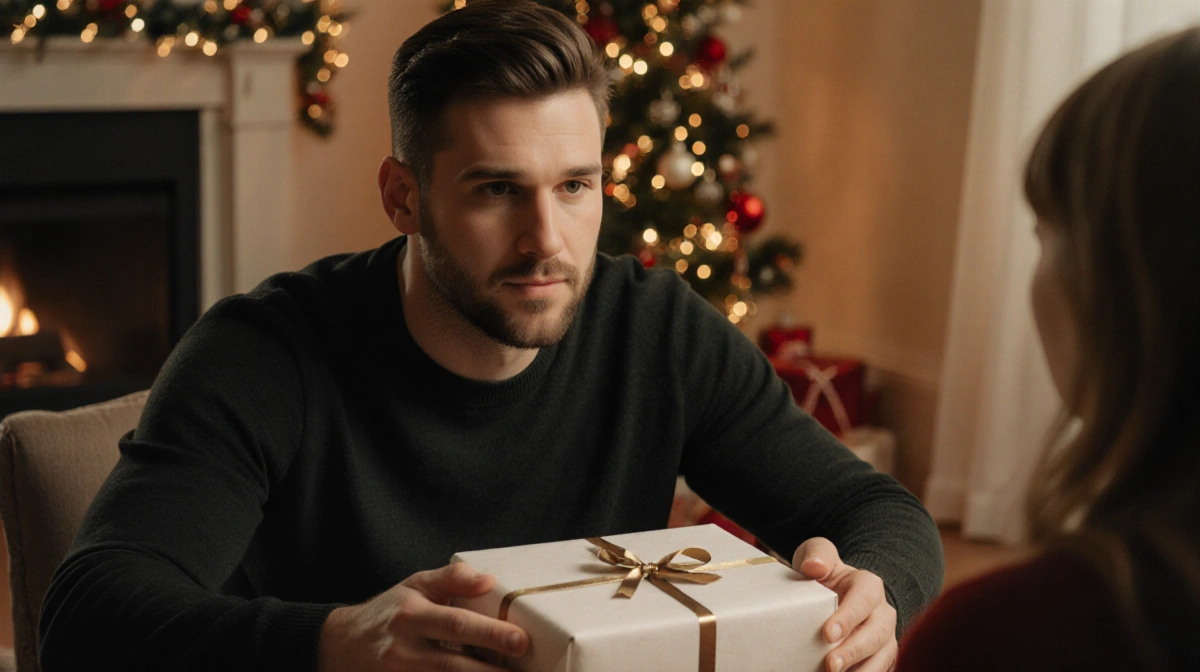 Ed Kelce sits thoughtfully in front of a neatly wrapped gift with subtle holiday décor near background