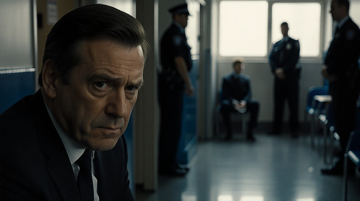 Stephen Graham as Eddie Miller sitting in shock with handcuffed son Jamie and police officers standing behind