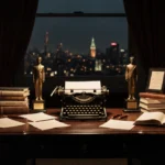 Typewriter typing with leather-bound book and scattered pages while city lights glow in golden background