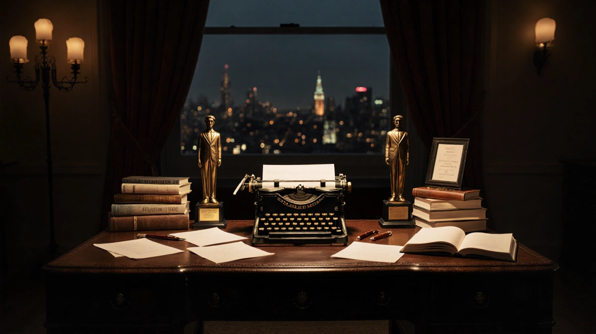 Typewriter typing with leather-bound book and scattered pages while city lights glow in golden background