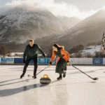 The regal couple glides effortlessly across the ice with Olympic flags and traditional Scottish textiles in background.