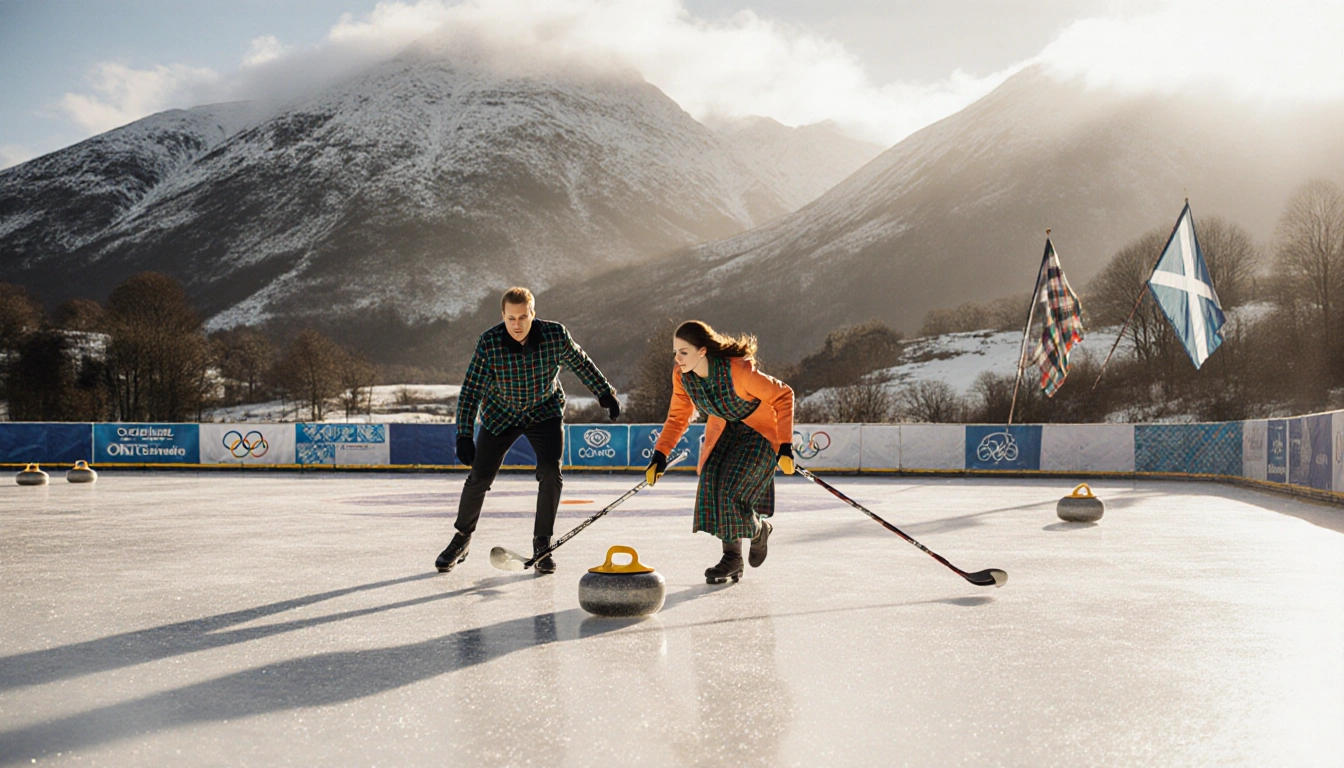 The regal couple glides effortlessly across the ice with Olympic flags and traditional Scottish textiles in background.