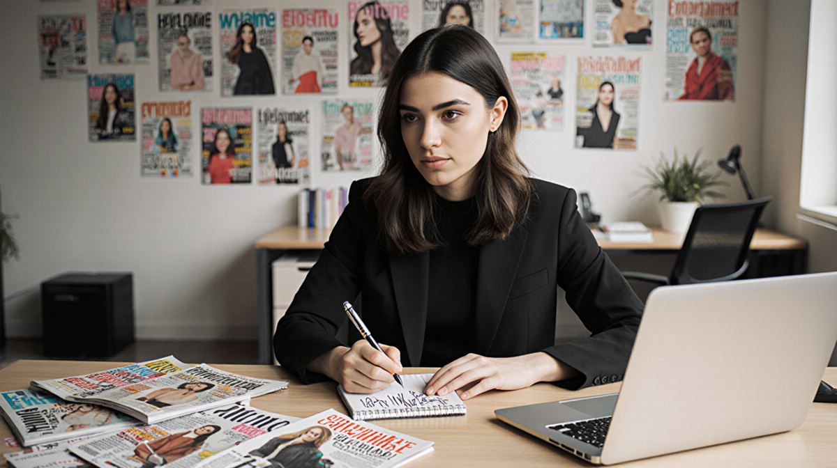 Young woman editing at desk with laptop and scattered magazines while scribbling notes, showing editorial talent in digital m