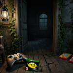 Worn gaming controller rests beside a dusty Xbox Game Pass card with flickering lantern light and abandoned mansion walls.