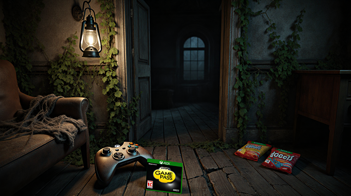 Worn gaming controller rests beside a dusty Xbox Game Pass card with flickering lantern light and abandoned mansion walls.