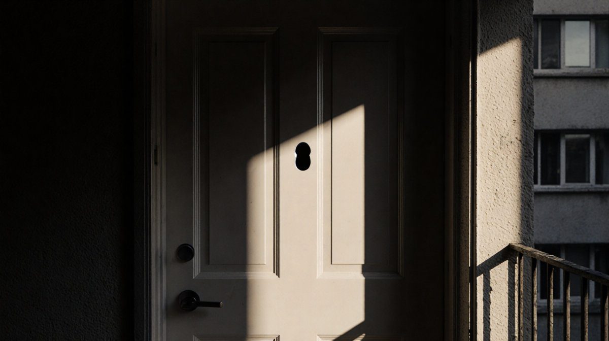 Door opens slightly revealing a peephole with soft morning light and faint building shadow