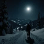 Lone skier walking into darkness with backpack and equipment casting long shadows under moonlit snow-covered trees