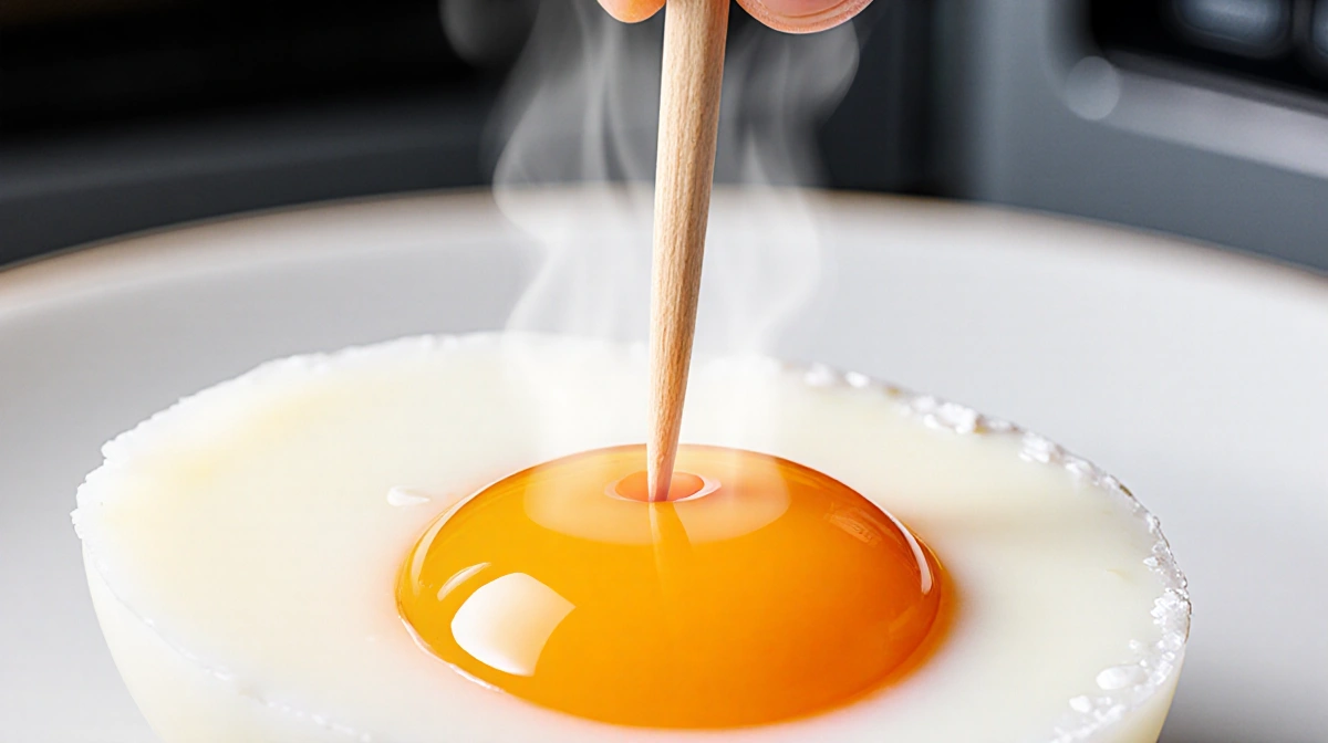 Toothpick piercing egg yolk with steam rising and microwave blurred behind