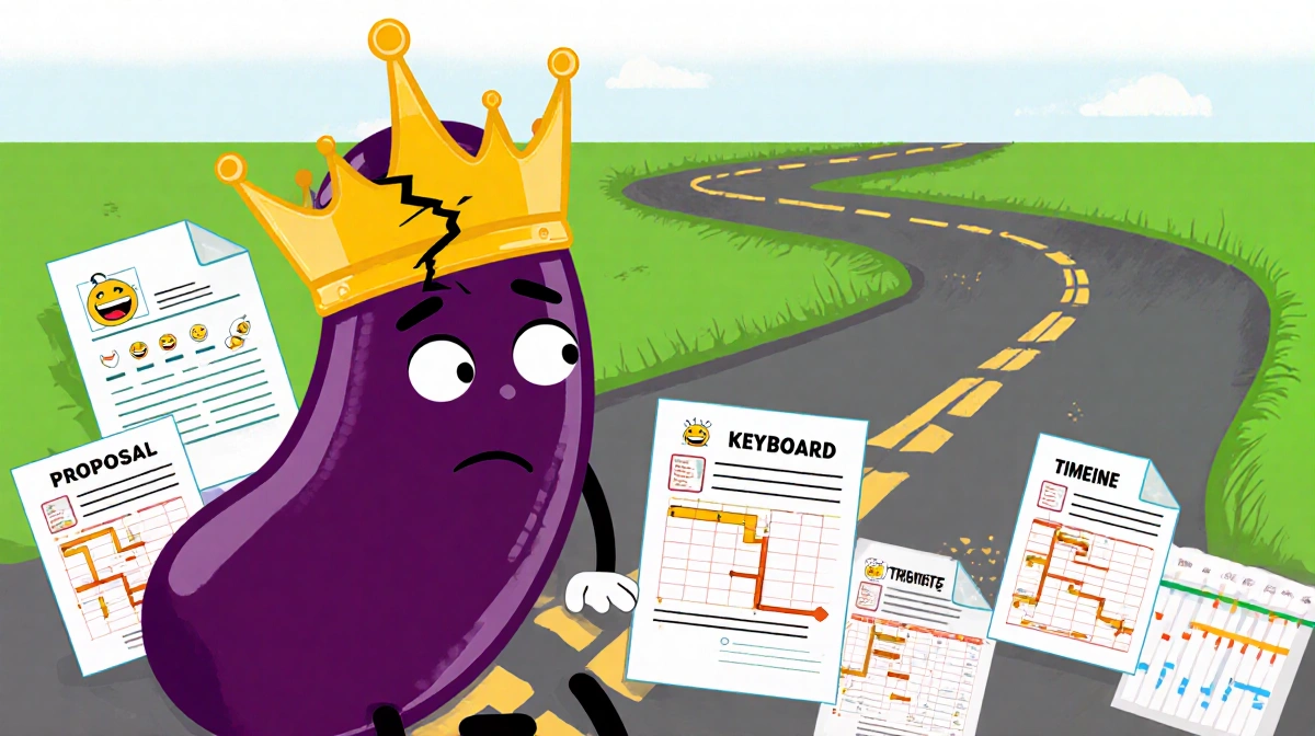 Eggplant character sits at crossroads with cracked crown and emoji documents showing uncertain keyboard future