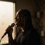 Singer performing with microphone in bathroom stall with golden light illuminating their face