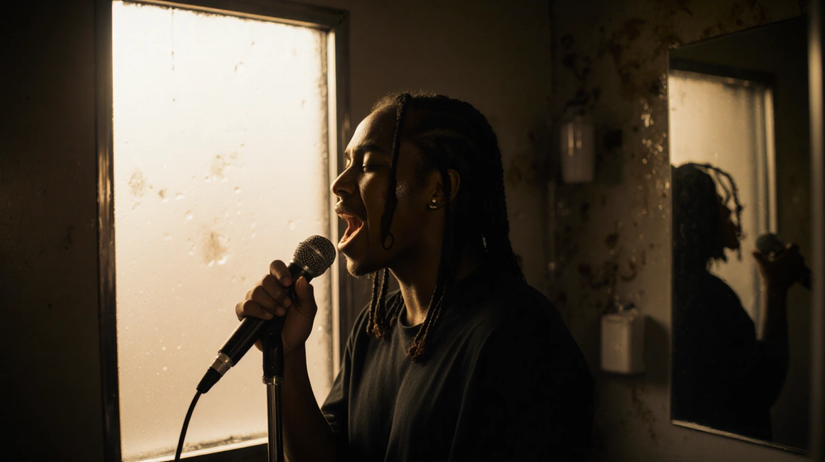 Singer performing with microphone in bathroom stall with golden light illuminating their face