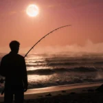 Silhouetted person fishing at dusk beach with orange sky and full moon glowing on waves