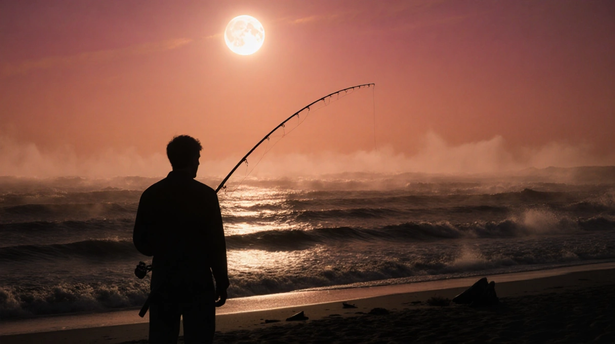 Silhouetted person fishing at dusk beach with orange sky and full moon glowing on waves