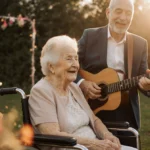 Elderly woman in wheelchair gazes joyfully at husband singing with guitar during golden hour wedding celebration