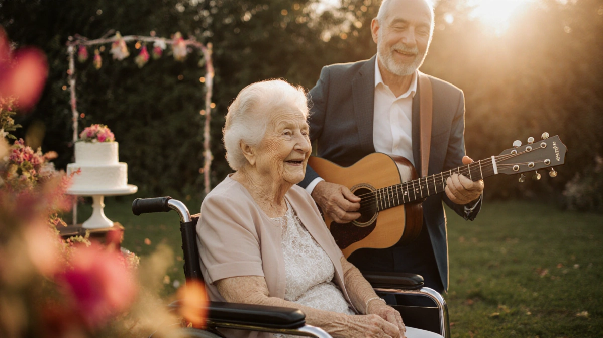 Elderly woman in wheelchair gazes joyfully at husband singing with guitar during golden hour wedding celebration