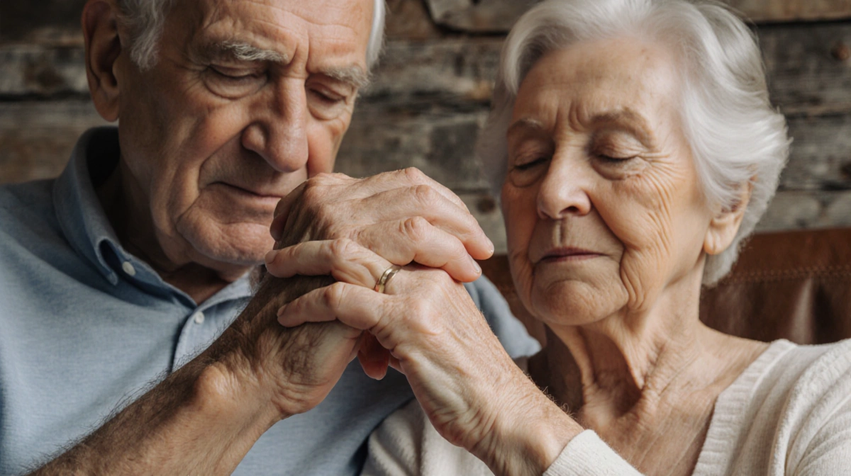 Elderly couple holding hands with woman's eyes closed showing trust and love with warm wood background