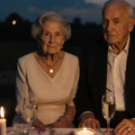 An elderly couple sits together on a weathered wooden bench with golden locket and wedding band showing their lasting love at
