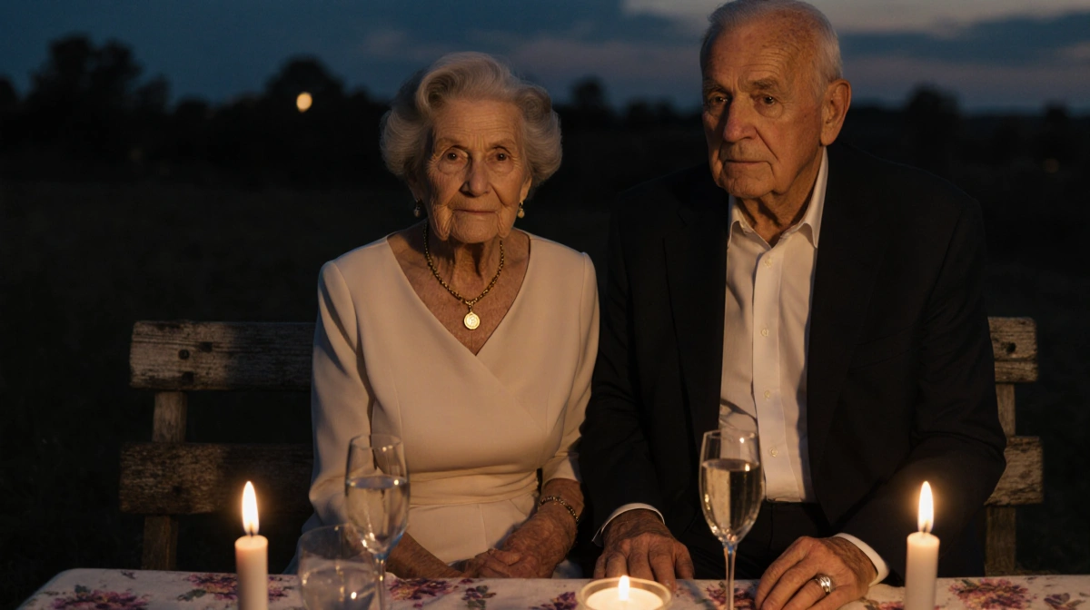 An elderly couple sits together on a weathered wooden bench with golden locket and wedding band showing their lasting love at