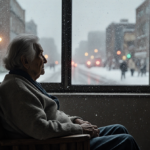 90-year-old woman seated with eyes gazing out window with snow and emergency lights in shelter