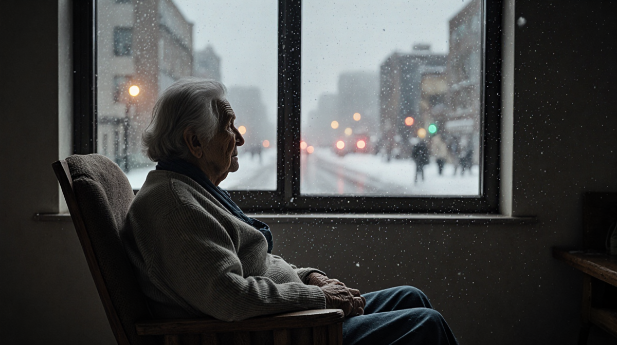 90-year-old woman seated with eyes gazing out window with snow and emergency lights in shelter