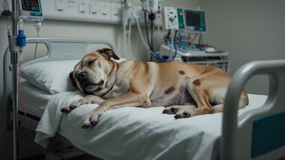 Elderly dog Dolly lying on hospital bed with IV tubes and monitors showing seizure scars
